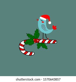 Hand drawn doodle vector Christmas greeting card with cute kawaii bird in Santa Clause hat sitting on candy cane decorated with holly berry with green leaves on dark turquoise background
