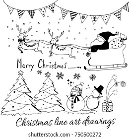 Hand drawn doodle vector. Christmas line art drawings in black. tree, santa and lettering, fir branches, ornaments, candy, present boxes for gift tags, labels,invitations card.