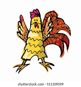 Hand drawn doodle vector cock. ornamental rooster, multicolored.