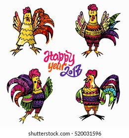 Hand drawn doodle vector cock. ornamental rooster, multicolored.