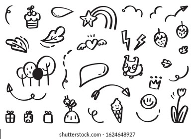Hand drawn doodle vector collection with highlight text, arrow, firework, swirl, tail, flower, heart, graffiti crown, heart, love, speech bubble, star, cute sign for valentine and cute design element.