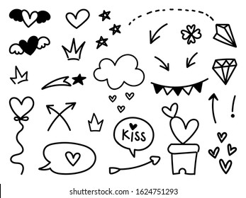 Hand drawn doodle vector collection with highlight text, arrow, firework, swirl, tail, flower, heart, graffiti crown, heart, love, speech bubble, star, cute sign for valentine and cute design element.