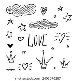Handgezeichnete doodle Vektorgrafik mit Herzen, Kronen und Sternen.