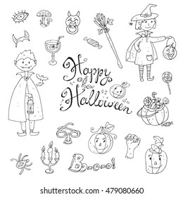 Hand drawn doodle vector collection of halloween elements: suits, characters, accessories, stickers, decorations. Cute kids style. Black and white.