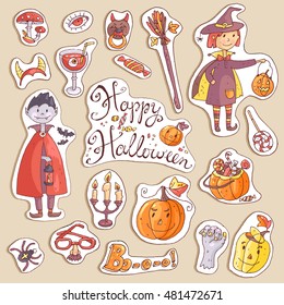Hand drawn doodle vector collection of halloween elements: suits, characters, accessories, stickers, decorations. Cute kids style.