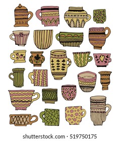 hand drawn doodle vector cups. set of various colorful tea cups with different ornaments and textures.isolated on white background.