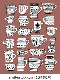 hand drawn doodle vector cups. set of various ink tea cups with different ornaments and textures.isolated on red  background.