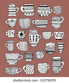 hand drawn doodle vector cups. set of various ink tea cups with different ornaments and textures.isolated on red background.