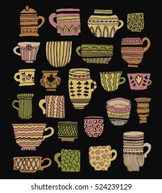 Hand drawn doodle vector cups. set of various colorful tea cups with different ornaments and textures.isolated on black background.