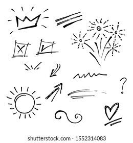 Hand drawn doodle vector design element set. firework, swoops, swirl, arrow, heart, love, crown, flower, star, starburst, ribbon, highlight text and emphasis element. use for concept design