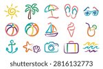 Hand drawn doodle vector elements in brush stroke style. bright colors of sun, umbrella, palm tree, sunglasses, ice cream, flip flops, cocktail, beach ball, anchor, starfish, seashell, suitcase, waves, sailboat. summer season. travel and vacation concept.