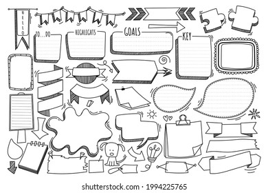 Hand Drawn Doodle Vector Elements Message, Label, Frame, Banner, Sign, Ribbon, Arrow, Note For Decorative, Comic, Diary And Planner. Cute Doodle Frames Set Isolated On White Background. 