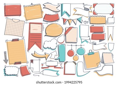 hand drawn doodle vector elements message, label, frame, banner, sign, ribbon, arrow, note for decorative, comic, diary and planner. Cute doodle frames set isolated on white background. 