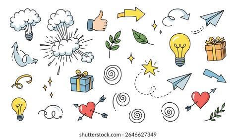 Hand Drawn Doodle Vector Elements Illustration with Cloud Star Heart Gift Paper Plane
