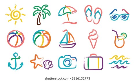 Hand drawn doodle vector elements in brush stroke style. bright colors of sun, umbrella, palm tree, sunglasses, ice cream, flip flops, cocktail, beach ball, anchor, starfish, seashell, suitcase, waves, sailboat. summer season. travel and vacation concept.