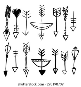 Hand drawn doodle vector elements set (vol. 6 of 9). Bow and arrow symbols. Black silhouettes isolated on white. 