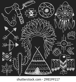 Hand drawn doodle vector elements set (vol. 5 of 9). Native american symbols: indian chief headdress, dream catcher, bow, tomahawk, arrows, wigwam. White silhouettes isolated on black. 