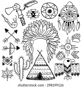 Hand drawn doodle vector elements set (vol. 5 of 9). Native american symbols: indian chief headdress, dream catcher, bow, tomahawk, arrows, wigwam. Black silhouettes isolated on white. 