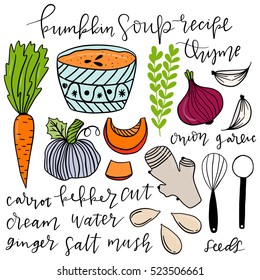Hand drawn doodle vector elements. Illustrated step by step pumpkin soup recipe. Vintage cooking book. 