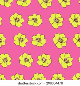 Hand drawn doodle vector floral pattern. Blossoming flowers. Simple and graphic illustration.