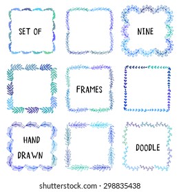Hand drawn doodle vector floral frames. Square unique blue frames.
