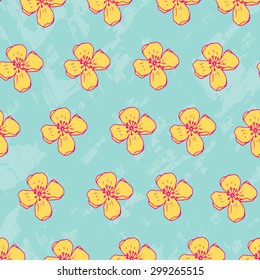 Hand drawn doodle vector floral pattern. Blossoming flowers. Simple and graphic illustration.