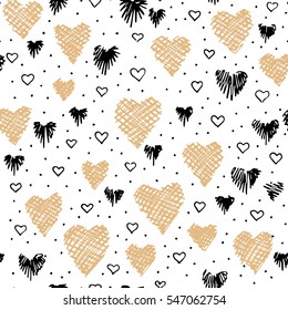 Hand drawn doodle vector gold and black seamless background pattern with hearts. Bright backdrop for wrapping paper, greeting cards, posters, invitation, wedding and Valentines cards.