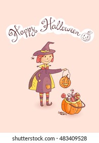 Hand drawn doodle vector halloween greeting card with the witch, the pumpkin and sweets. Cute kids style. Pastel colors.