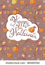 Hand drawn doodle vector halloween greeting card with the witch, the pumpkin, broom, mushroom and sweets. Cute kids style. Pastel colors.