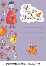 Hand drawn doodle vector halloween greeting card with vampire, pumpkin, zombie hand, horns and sweets. Cute kids style. Pastel colors.