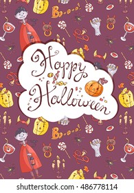 Hand drawn doodle vector halloween greeting card with the vampire, the pumpkin, zombie hand and sweets. Cute kids style. Pastel colors.