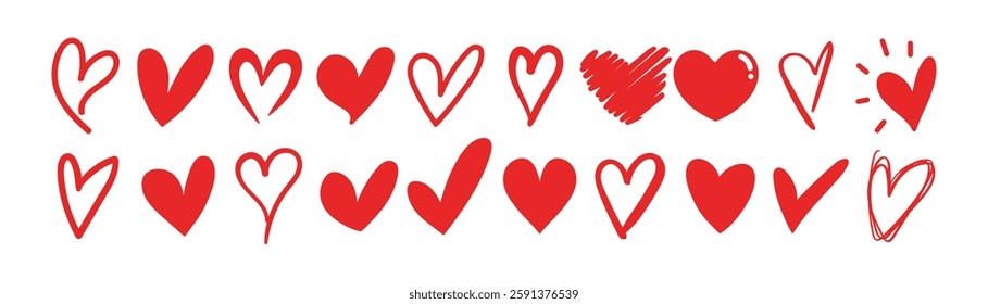 Hand drawn doodle vector hearts of different shape. Red heart love symbols