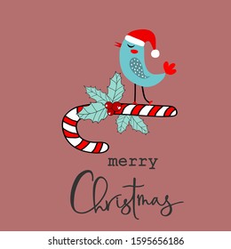 Hand drawn doodle vector holiday greeting card with cute kawaii bird in Santa Claus hat sitting on candy cane decorated with holly berry merry Christmas lettering on cherry pink background