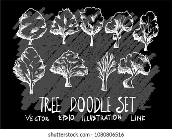 Hand drawn doodle vector illustration line Tree set on Chalkboard