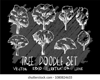 Hand drawn doodle vector illustration line Tree set on Chalkboard