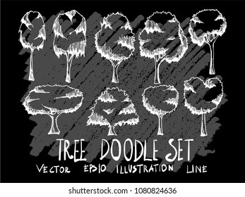 Hand drawn doodle vector illustration line Tree set on Chalkboard