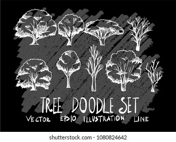 Hand drawn doodle vector illustration line Tree set on Chalkboard