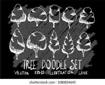 Hand drawn doodle vector illustration line Tree set on Chalkboard