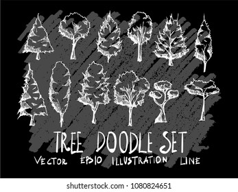 Hand drawn doodle vector illustration line Tree set on Chalkboard
