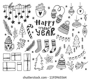 Hand Drawn Doodle Vector Illustration. Christmas Art Drawings In Black. Set With Lettering, Fir Branches, Ornaments, Candy, Present Boxes For Gift Tags, Labels, Card, Invitations.