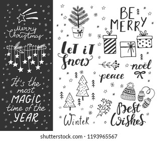 Hand drawn doodle vector illustration. Christmas art drawings in black. Set with lettering, fir branches, ornaments, candy, present boxes for gift tags, labels, card, invitations.