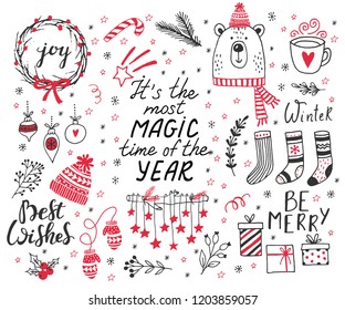 Hand drawn doodle vector illustration. Christmas line art drawings in black and red. Set with lettering, fir branches, ornaments, candy, present boxes for gift tags, labels, card, invitations.