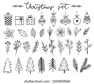 Hand drawn doodle vector illustration. Christmas art drawings in black. Set with lettering, fir branches, ornaments, candy, present boxes for gift tags, labels, card, invitations.