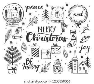 Hand drawn doodle vector illustration. Christmas art drawings in black. Set with lettering, fir branches, ornaments, candy, present boxes for gift tags, labels, card, invitations.