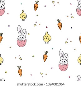 Hand Drawn Doodle vector illustration, Easter Bunny In Egg and Chic Seamless Pattern
