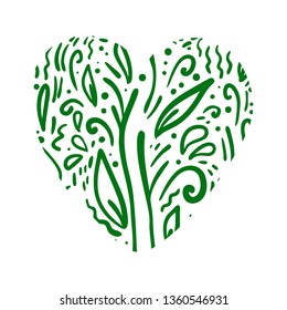 Hand drawn doodle vector illustration. Ecology, nature protection. Green heart concept on the white background.