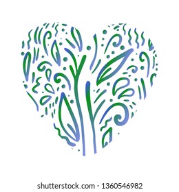 Hand drawn doodle vector illustration. Ecology, nature protection. Green heart concept on the white background.