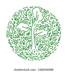 Hand drawn doodle vector illustration. Ecology, nature protection. Green circle concept with tree and leaves on the white background.