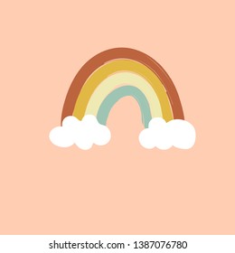 Hand drawn doodle vector illustration of symbolic rainbow of warm autumn color palette and white clouds on pink background. Kids room interior decoration design element for patterns. Charity donation