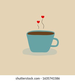Hand drawn doodle vector illustration of blue cup with hot coffee steam with two hearts. Valentine romantic love concept. Creative poster for cafes